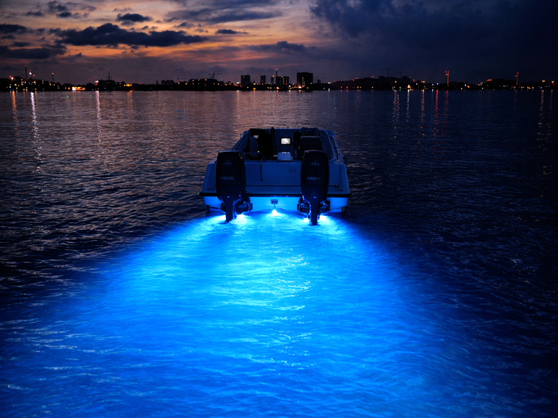 BIGTIME IP68 Marine Underwater LED Lights in black and white housing, designed for harsh environments.